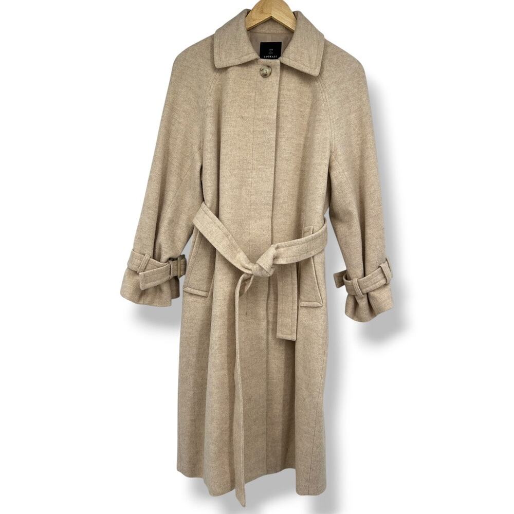 LOOKAST Wool Blend Coat Belted Oatmeal Cream Color Minimalist Overcoat Small
